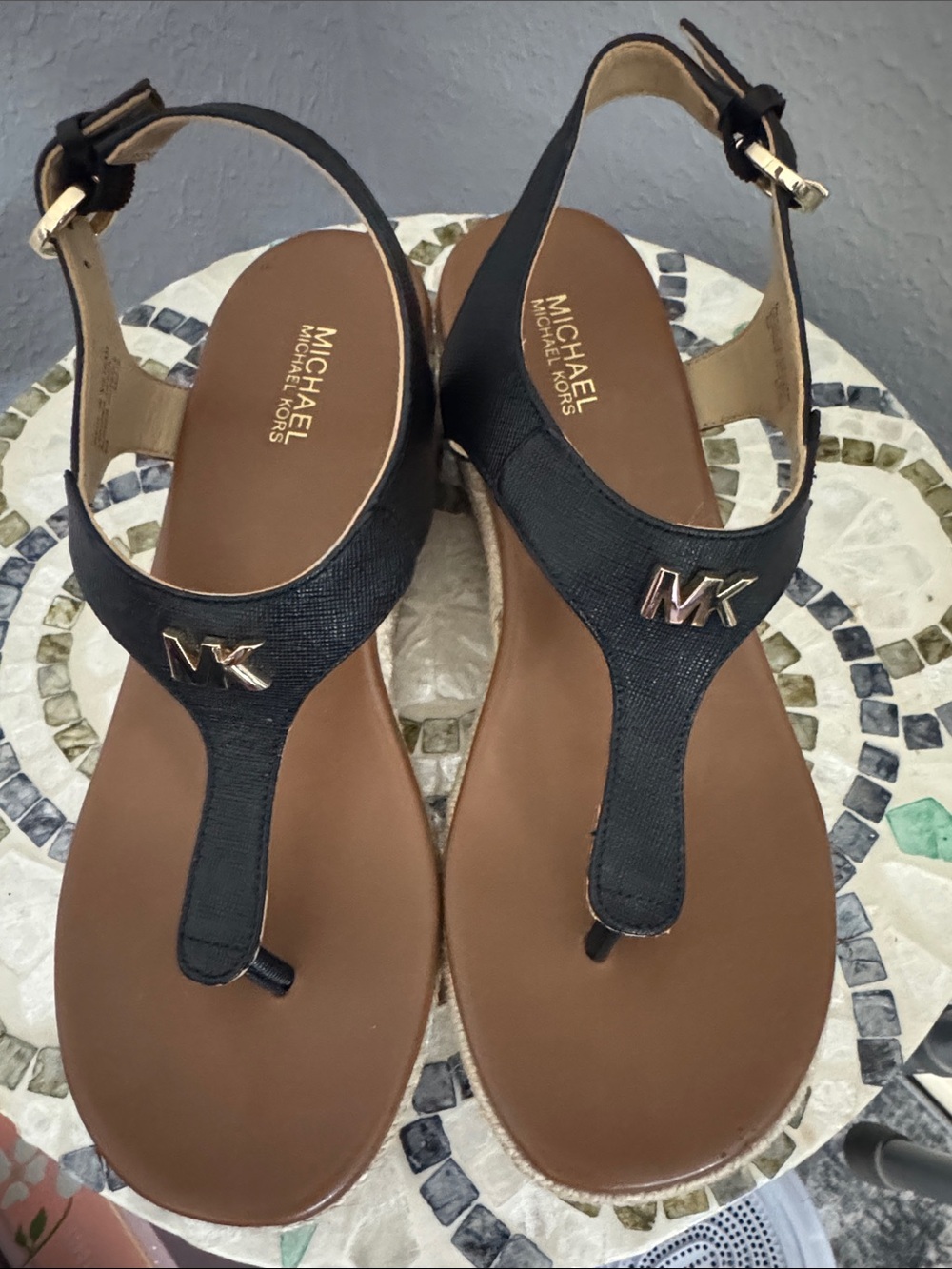 Michael Kors Black and Brown Leather Thong Sandals with Gold MK